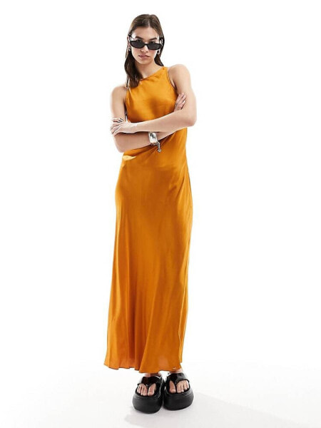 Superdry Satin racer midi dress in heritage ochre yellow