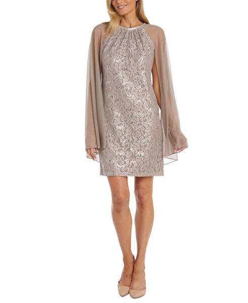 Women's Sequinned Lace Dress With Chiffon Cape