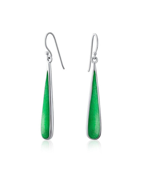 Simplistic Boho Fashion Green Agate Simulated Jade Inlay Long Flat Teardrop Shaped Dangle Earrings Sterling Silver Fish Hook Wire Threader