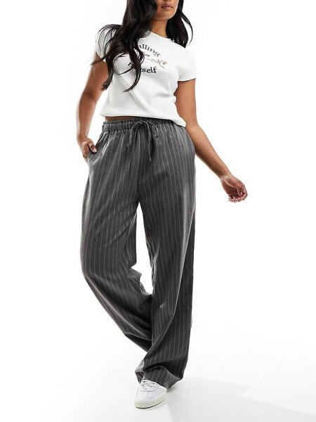 In The Style x Perrie Sian wide leg drawstring trouser in grey pinstripe