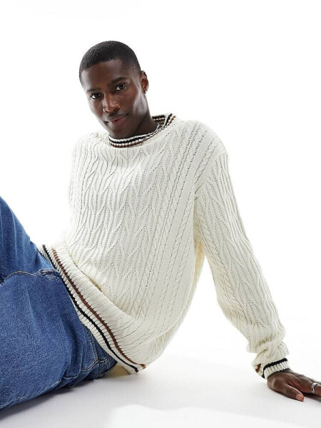 ASOS DESIGN knitted cable jumper in ecru with crew neck and tipping