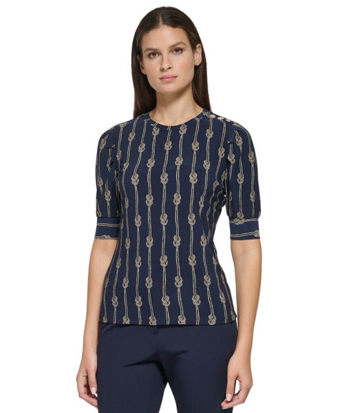 Women's Knot-Print Puff-Sleeve Knit Top