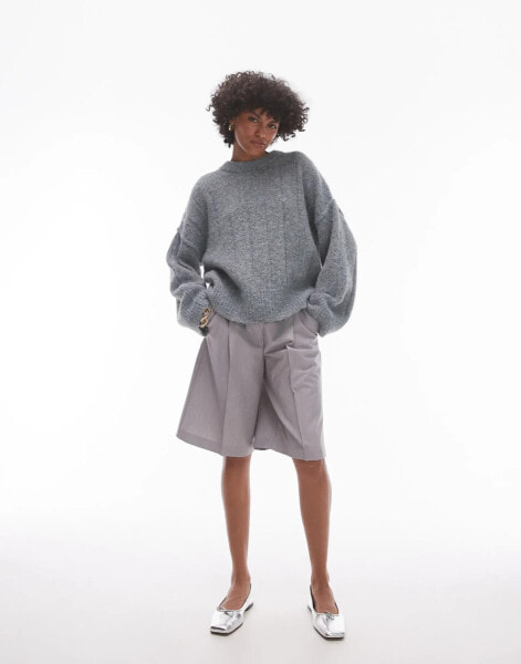 Topshop knitted vertical rib crew oversized jumper in grey