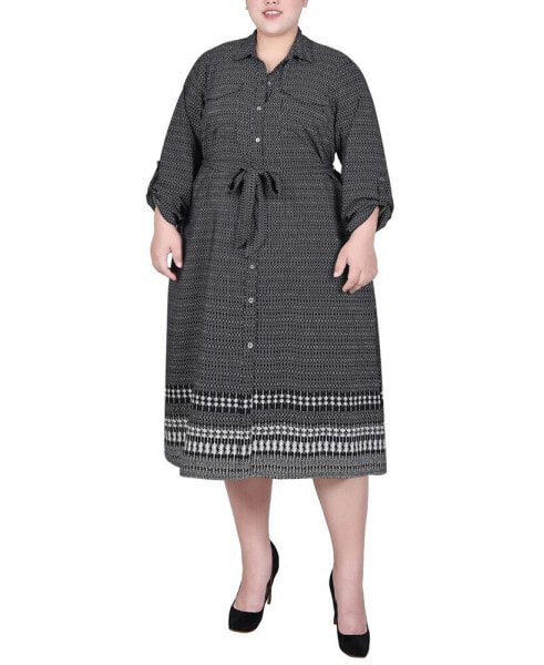 Plus Size 3/4 Roll Tab Sleeve Belted Shirtdress