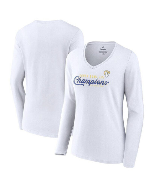 Women's White Los Angeles Rams Super Bowl LVI Champions Long Sleeve V-Neck T-shirt