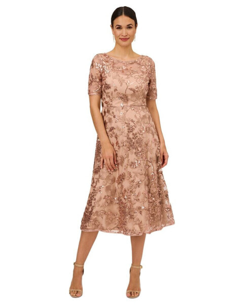 Petite Sequin Embroidered Boat-Neck Dress