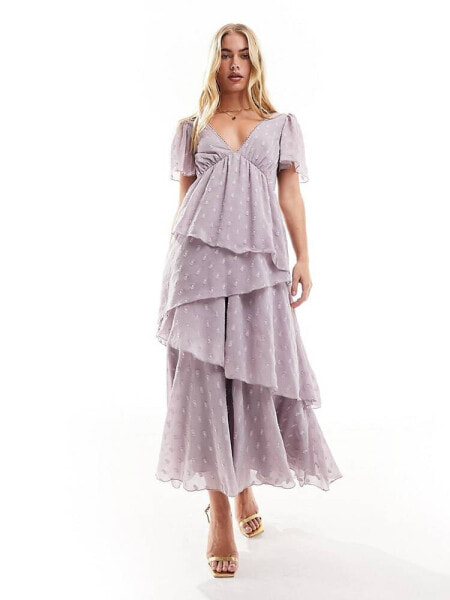 ASOS DESIGN dobby asymmetric ruffle midi dress with tie back neck in mauve