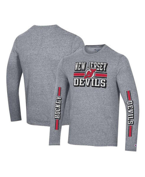 Men's Heather Gray Distressed New Jersey Devils Tri-Blend Dual-Stripe Long Sleeve T-shirt