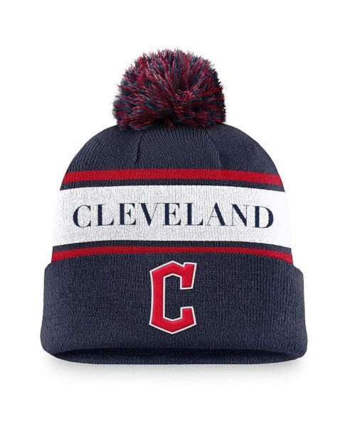 Men's Navy Cleveland Guardians Team Stripe Peak Cuffed Knit Hat with Pom