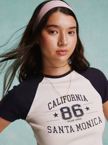 Miss Selfridge California graphic raglan baby tee in cream and navy