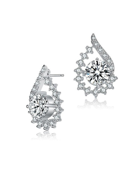 Sterling Silver with White Gold Rhodium Plated Clear Round Cubic Zirconia Pear Shape Earrings