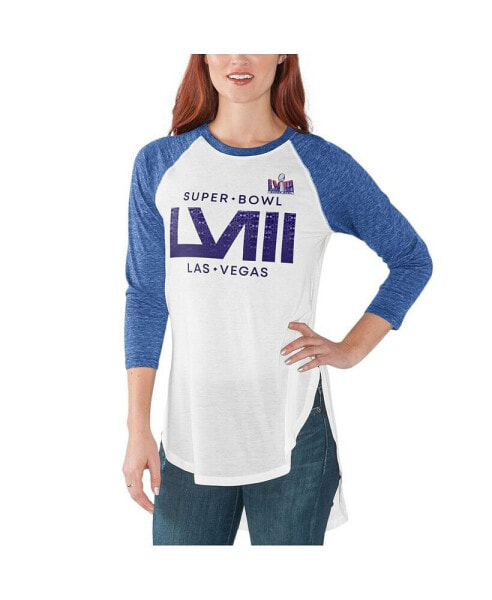 Women's White, Royal Super Bowl LVIII Tailgate Raglan 3/4 Sleeve T-shirt