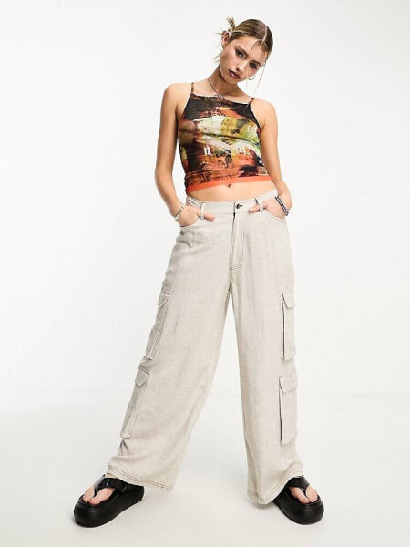 COLLUSION pocket detail wide leg linen trousers in stone