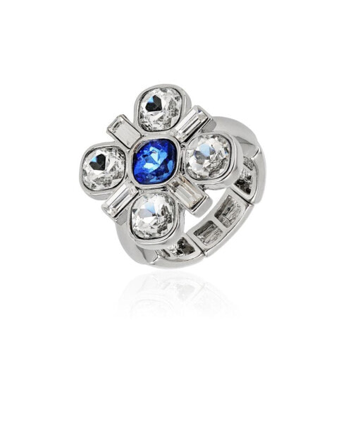 Silver-Tone Blue and Clear Glass Stone Statement Stretch Ring