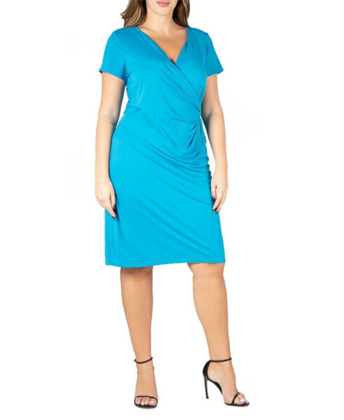 Plus Size Short Sleeve V-neck Faux Wrap Dress