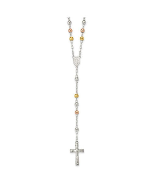 Diamond2Deal sterling Silver Polished Rosary Tri-color Beads Pendant Necklace 26"