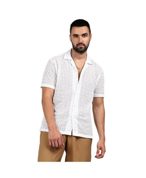 Men's Chalk White Floral Embroidered Shirt