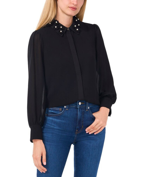 Women's Floral-Appliqué Collared Long-Sleeve Blouse