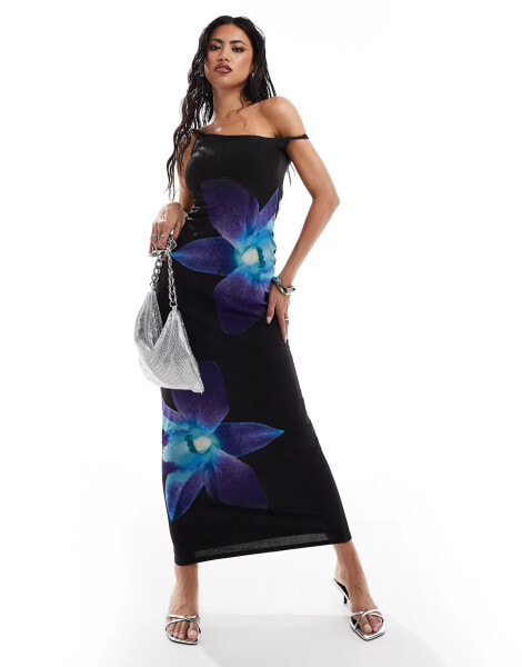 Kaiia mesh off shoulder maxi dress in black and blue flower print