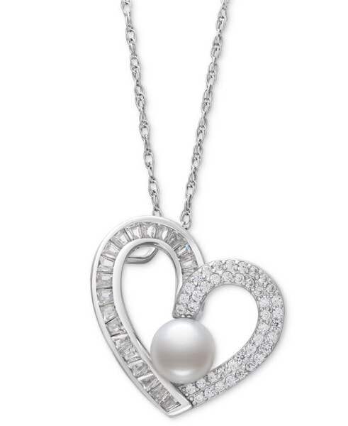 Belle de Mer cultured Freshwater Button Pearl (6mm) & Cubic Zirconia Heart 18" Pendant Necklace in Sterling Silver