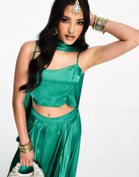 Kanya London Lehenga spaghetti strap crop top in emerald