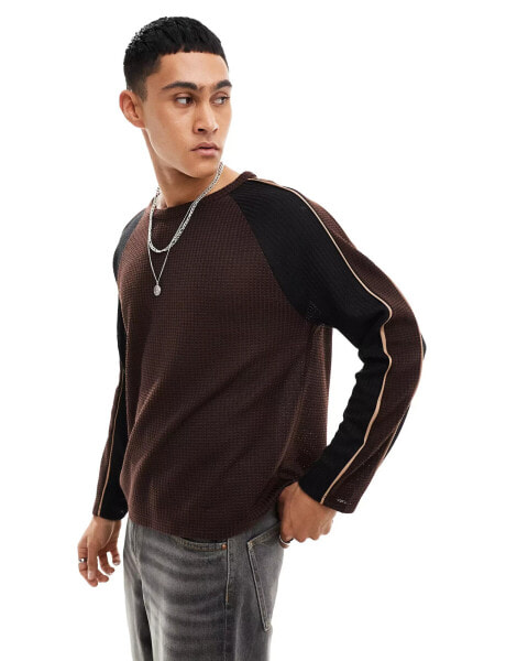 ASOS DESIGN boxy relaxed long sleeve t-shirt in cut & sew waffle texture