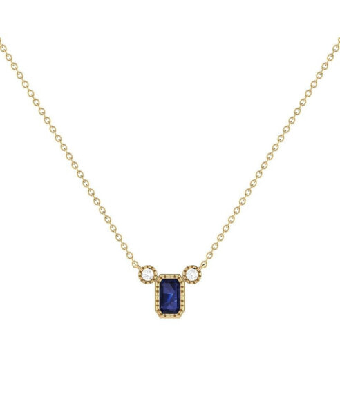 Emerald Cut Sapphire Gemstone, Natural Diamond 14K Yellow Gold Birthstone Necklace