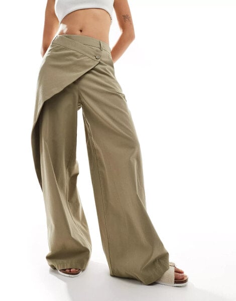 ASOS DESIGN wide leg trouser with wrap over detail in khaki