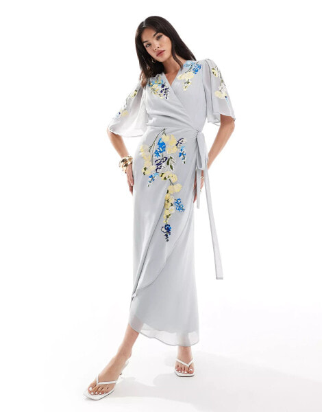 Hope & Ivy premium wrap over maxi dress in light grey with floral embroidery