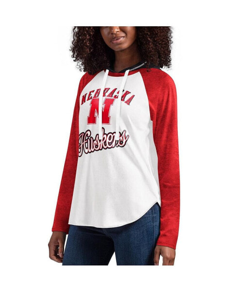 Women's White, Scarlet Nebraska Huskers From the Sideline Raglan Long Sleeve Hoodie T-shirt