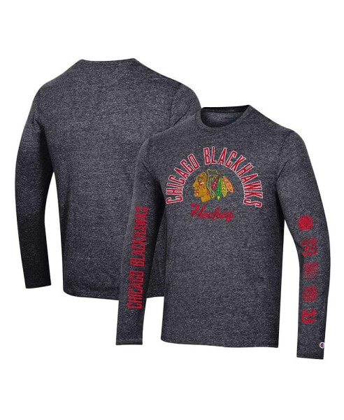 Men's Heather Black Distressed Chicago Blackhawks Multi-Logo Tri-Blend Long Sleeve T-shirt