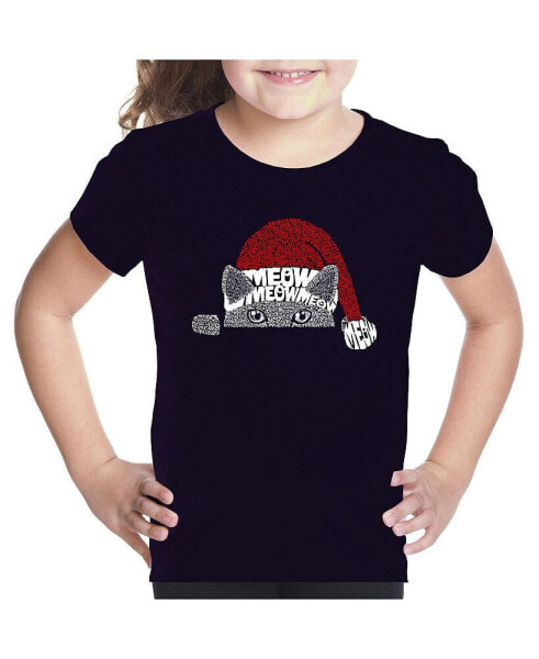 Child Christmas Peeking Cat - Girl's Word Art T-Shirt