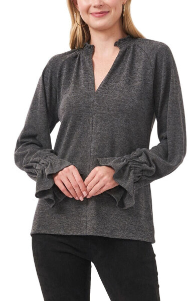 Vince Camuto Long Flare Sleeve Split Neck Knit Top Heather Gray M