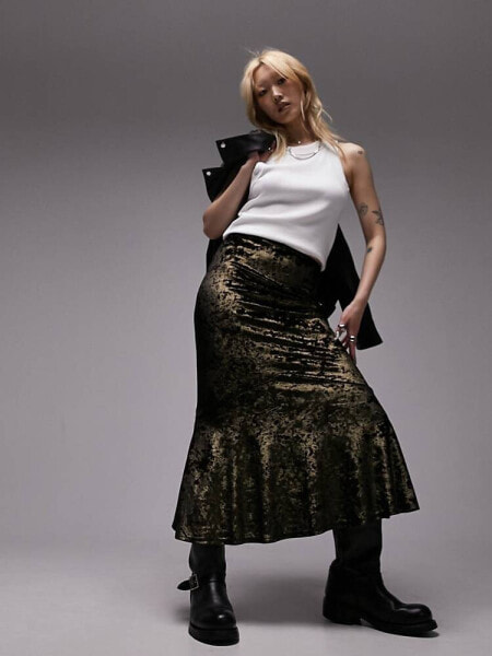  Topshop Petite crushed velvet fishtail maxi skirt in metallic gold 