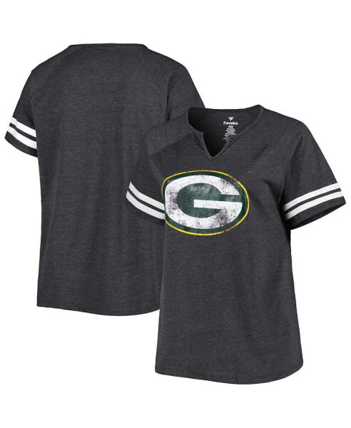 Women's Heather Charcoal Green Bay Packers Plus Size Logo Striped Raglan Notch Neck T-shirt