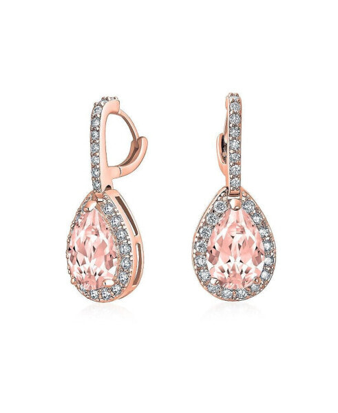 7CT Style Halo Simulated Pink Morganite Roe Cubic Zirconia AAA CZ Fashion Dangle Drop Teardrop Earrings Prom Bridesmaid Wedding Rose Gold Plated