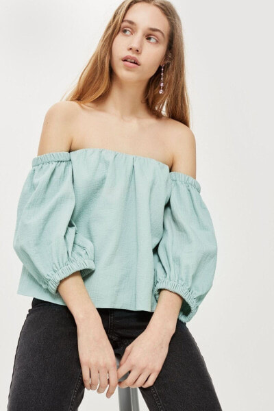 Topshop Laundered Bardot Top Women's sz. 8 US (Light green) 151089