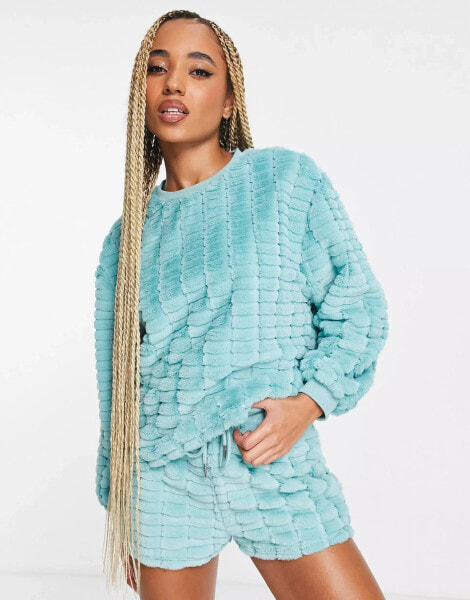 ASOS DESIGN lounge crimped faux fur sweat & short set in aqua