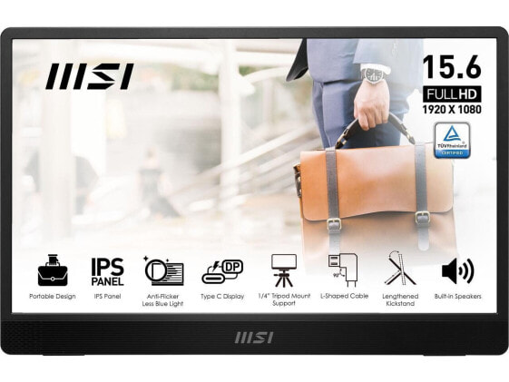 MSI Pro MP161 Portable Monitor, 15.6" FHD IPS 1080p, USB Type-C, Mini-HDMI, Buil