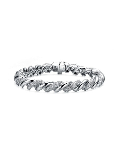 Sterling Silver White Gold Plated Clear Round Cubic Zirconia Wavy Twisted Bracelet