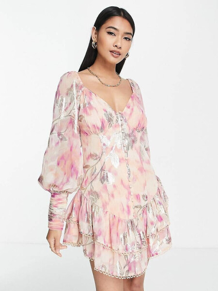 ASOS DESIGN button through babydoll mini dress in pink metallic jacquard 