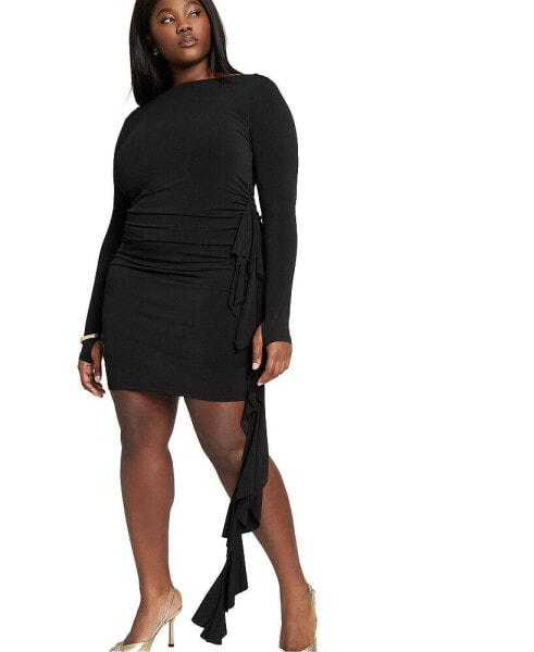 Plus Size Side Ruffle Mini Dress - 14, Black Onyx