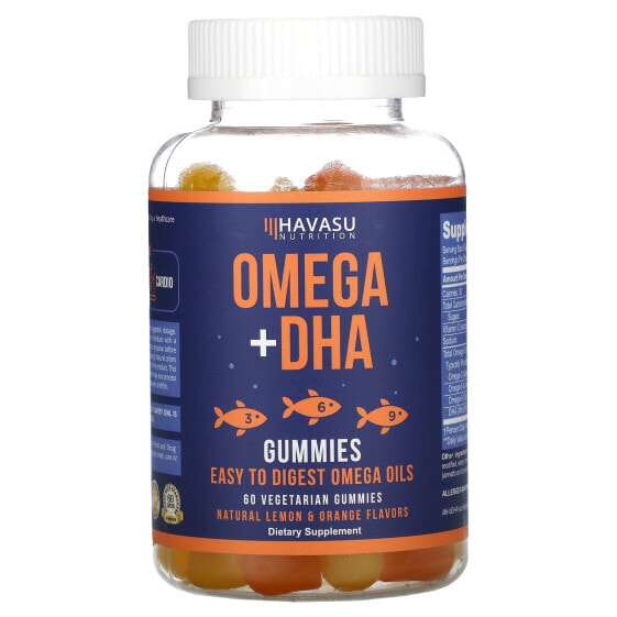Omega + DHA Gummies, Natural Lemon & Orange, 60 Vegetarian Gummies