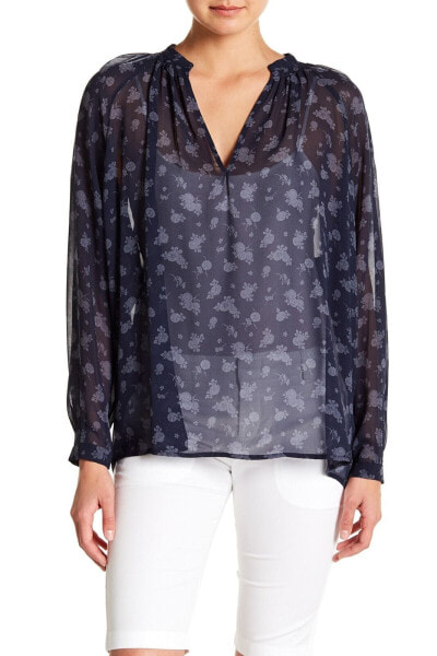 Vince 156356 Women's Calico Silk Floral Blouse Long Sleeve Blue Sz. Small