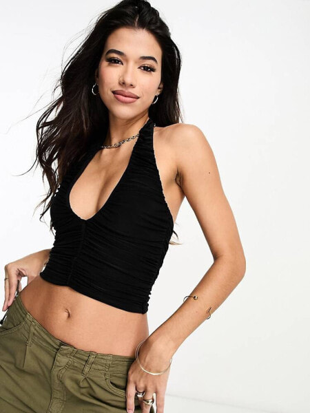 ASOS DESIGN double layer slinky ruched halter top in black