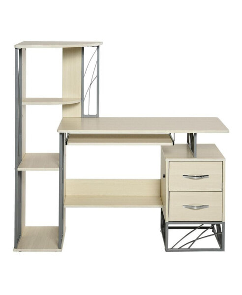 Modern Computer Writing Desk PC Workstation w/Shelves & Drawers, Natural