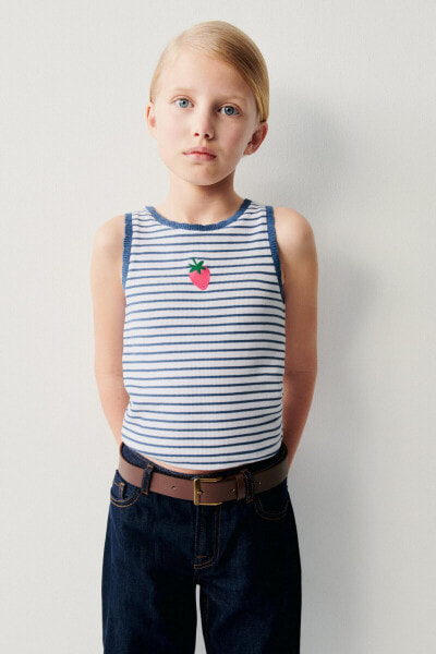 Embroidered fruit ribbed t-shirt