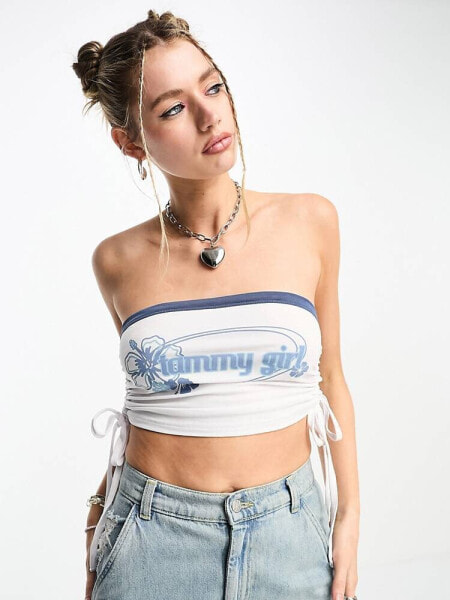 Tammy Girl graphic bandeau crop top with ruched tie sides in white