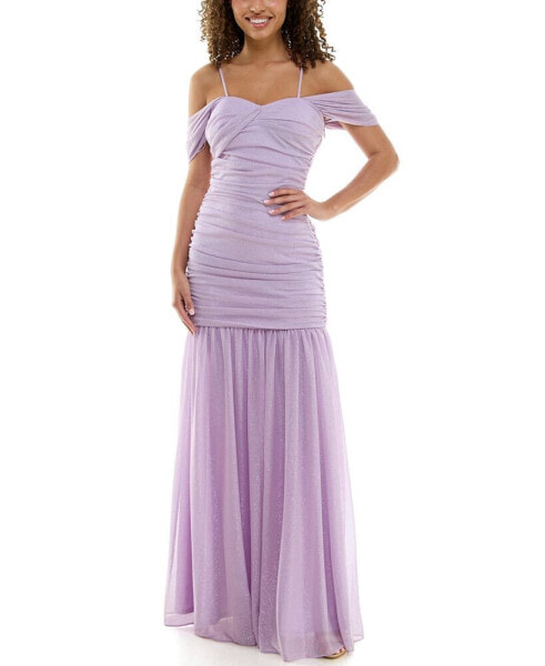 Juniors' Ruched Glitter Mermaid Gown
