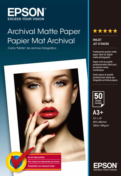 Epson Archival Matte Paper - DIN A3+ - 189g/m² - 50 Sheets - Inkjet printing - A3+ (330x483 mm) - Matt - 50 sheets - 192 g/m² - White